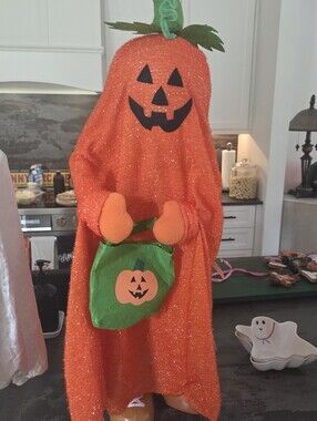 Orange Pumpkin Halloween With Green Trick-or-Treat Bag.  Home Decor.